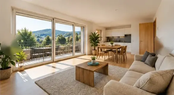 Wohnzimmer mit Essbereich und Balkon